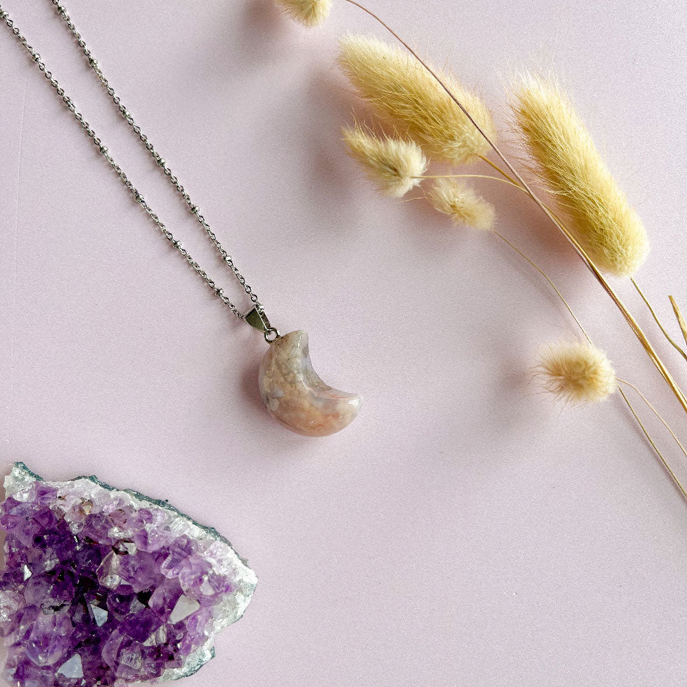 Flower agaat maan ketting - zilver (one of a kind)