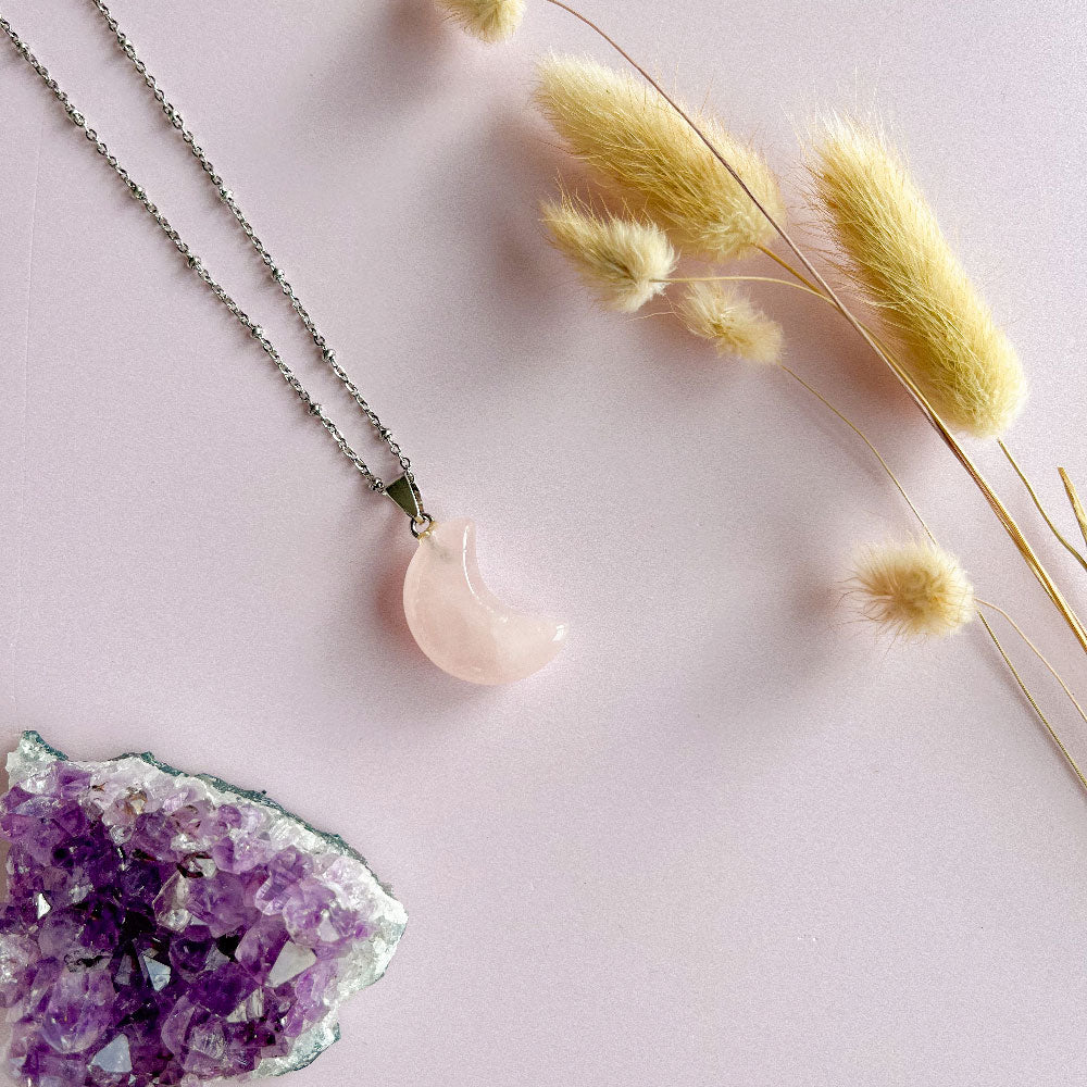 Rozenkwarts maan ketting - zilver (one of a kind)