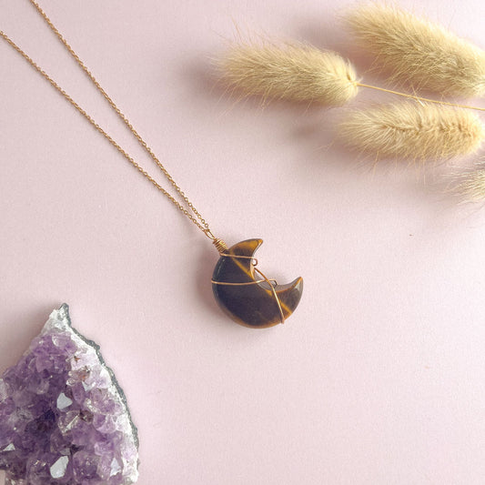 Tijgeroog maan ketting - goud (one of a kind)