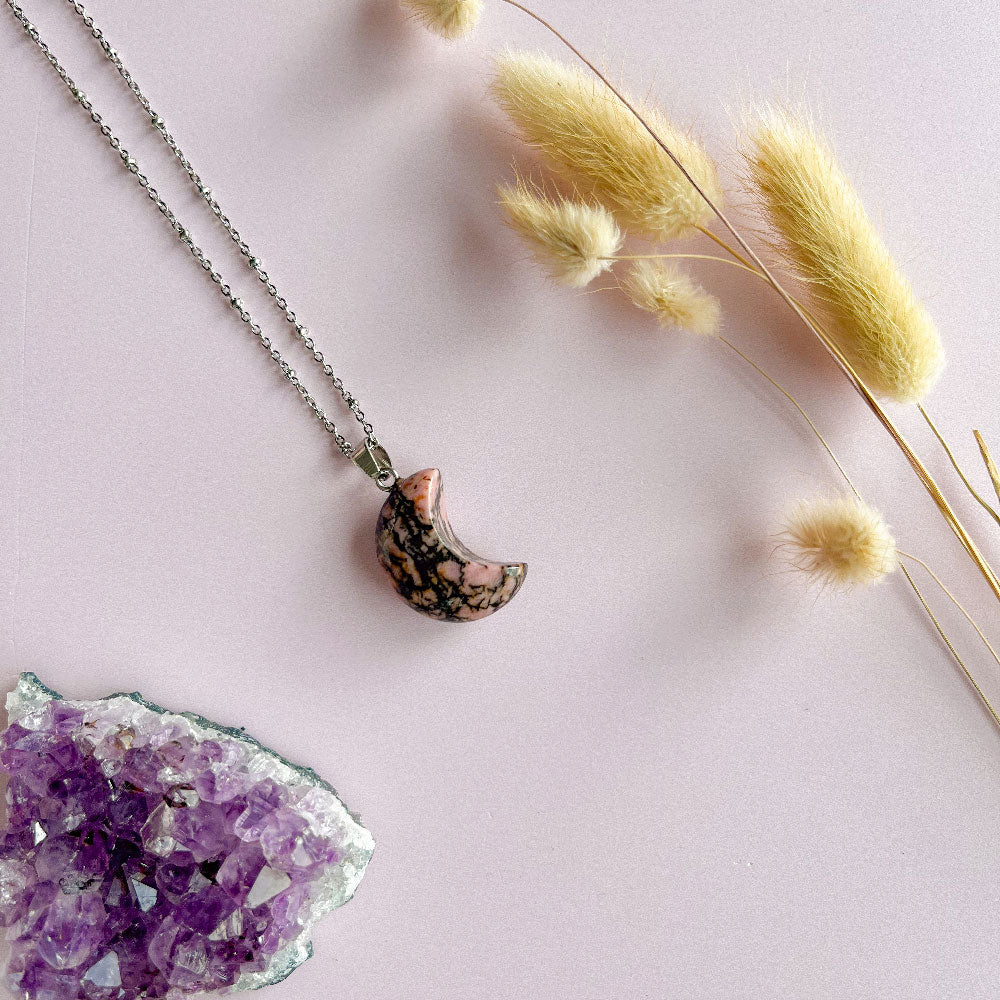 Rhodoniet maan ketting - zilver (one of a kind)