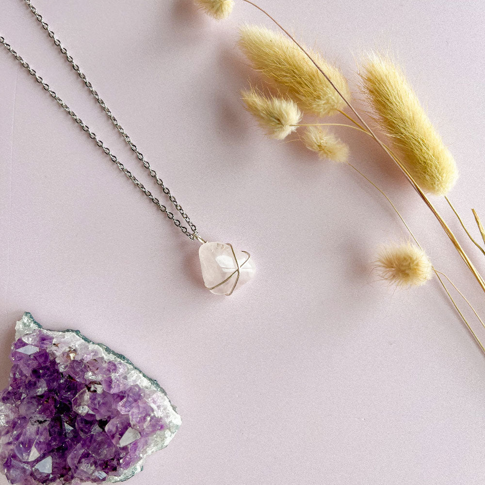 Rozenkwarts ketting - zilver (one of a kind)